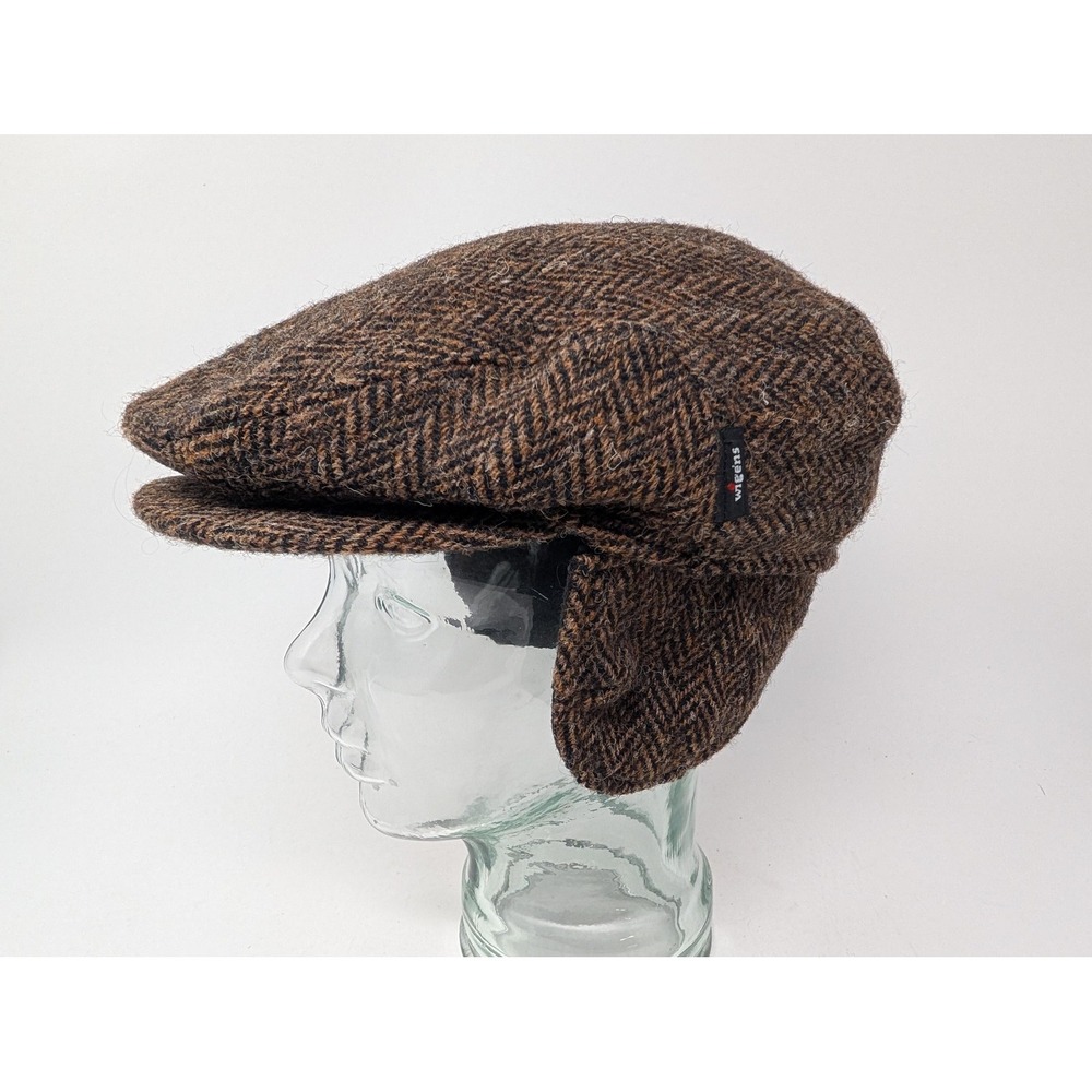 Wigens Hat Cap Fitted Mens 7 1/2 Brown Herringbone Wool Ear Flap Insulated Lined